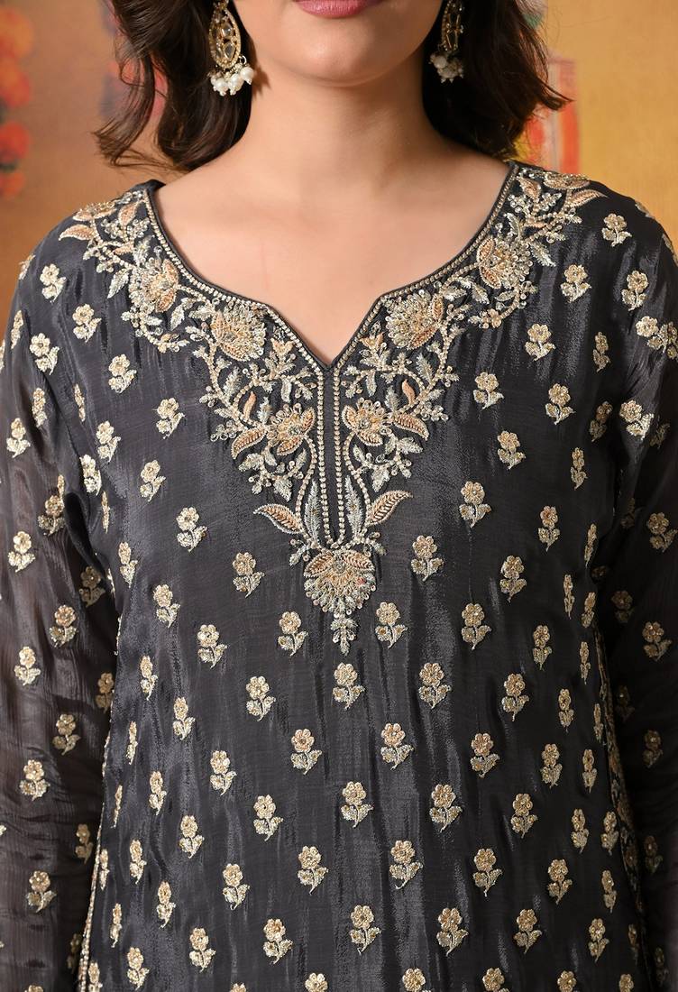 Grey chiffon embroidered lehenga set