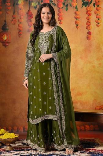 Green chiffon embroidered sharara set