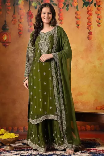 Green chiffon embroidered sharara set