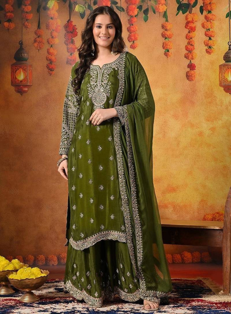 Green chiffon embroidered sharara set