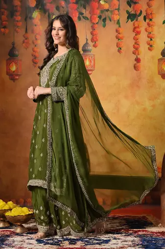 Green chiffon embroidered sharara set