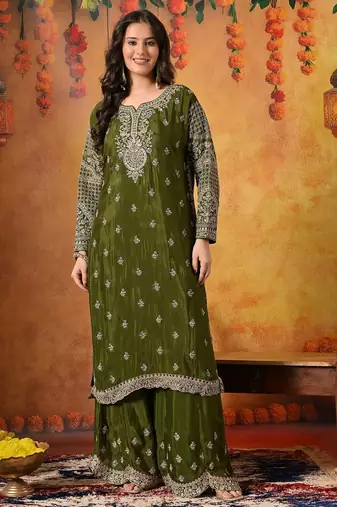 Green chiffon embroidered sharara set