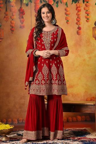 Maroon chiffon embroidered gharara set