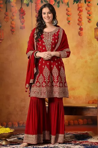 Maroon chiffon embroidered gharara set