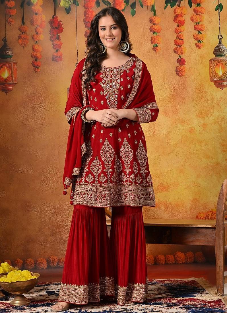 Maroon chiffon embroidered gharara set