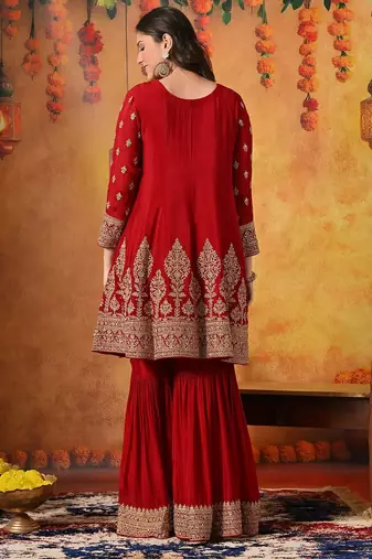 Maroon chiffon embroidered gharara set
