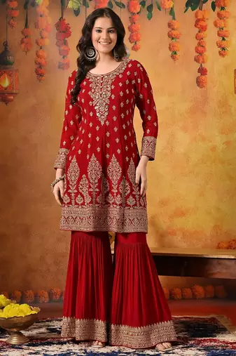 Maroon chiffon embroidered gharara set