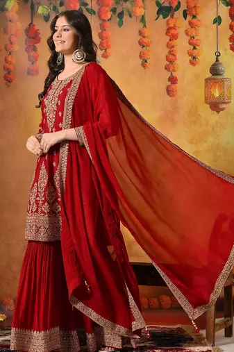 Maroon chiffon embroidered gharara set