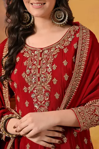 Maroon chiffon embroidered gharara set