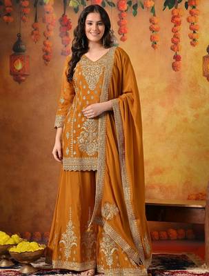 Yellow chiffon embroidered sharara set 1