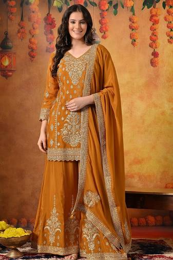 Yellow chiffon embroidered sharara set