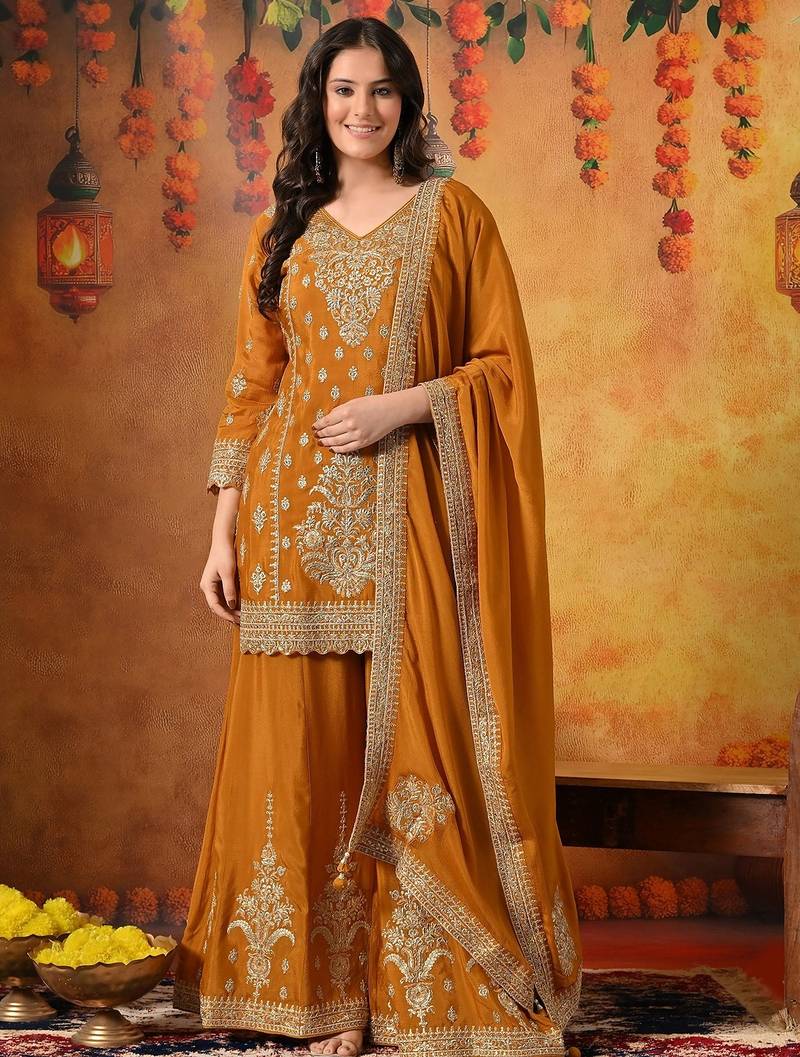 Yellow chiffon embroidered sharara set