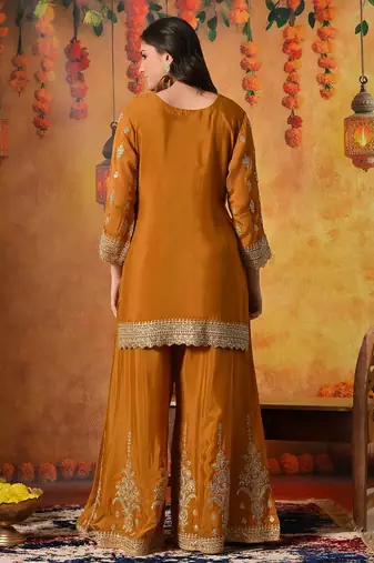 Yellow chiffon embroidered sharara set