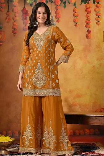 Yellow chiffon embroidered sharara set