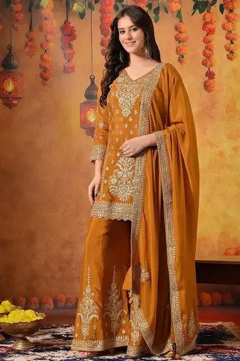 Yellow chiffon embroidered sharara set