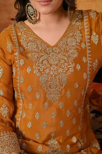 Yellow chiffon embroidered sharara set