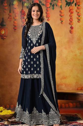 Blue chiffon embroidered lehenga set