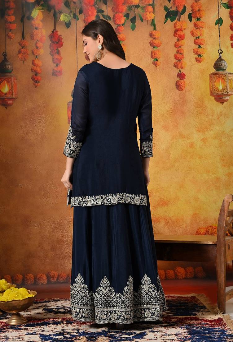 Blue chiffon embroidered lehenga set