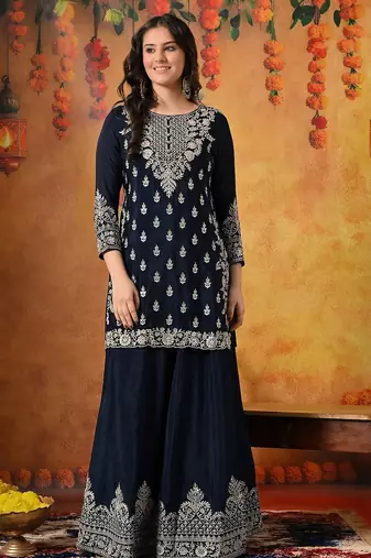 Blue chiffon embroidered lehenga set