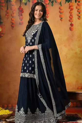 Blue chiffon embroidered lehenga set