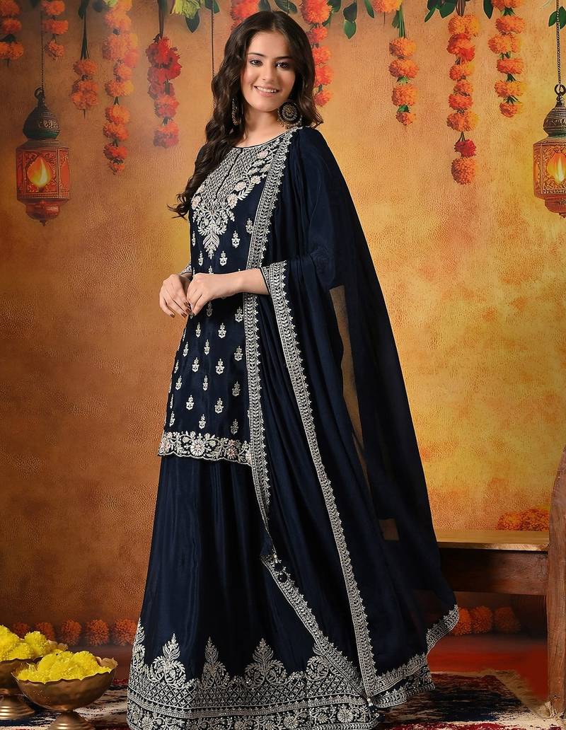 Blue chiffon embroidered lehenga set