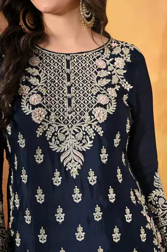 Blue chiffon embroidered lehenga set