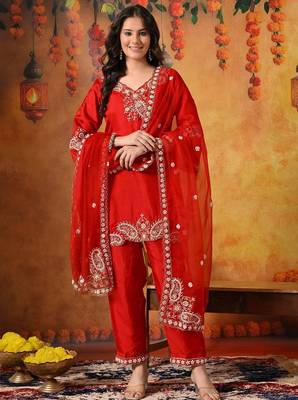Red silk embroidered kurti set 1
