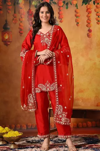 Red silk embroidered kurti set