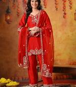Red silk embroidered kurti set