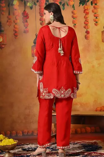 Red silk embroidered kurti set