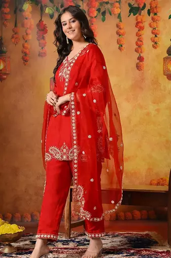 Red silk embroidered kurti set