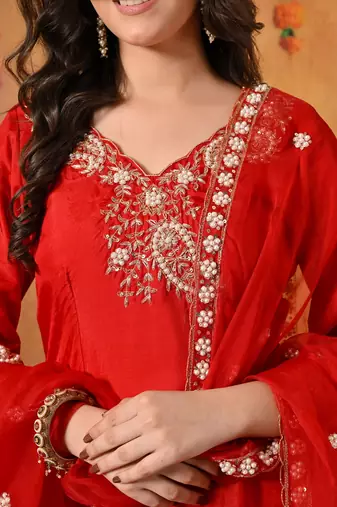 Red silk embroidered kurti set