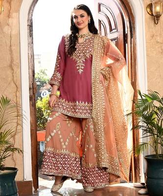Brown organza embroidered sharara set 1