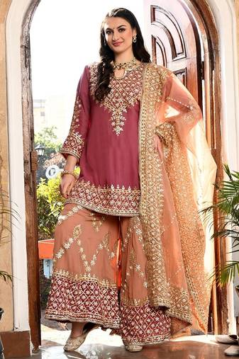Brown organza embroidered sharara set