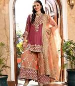 Brown organza embroidered sharara set