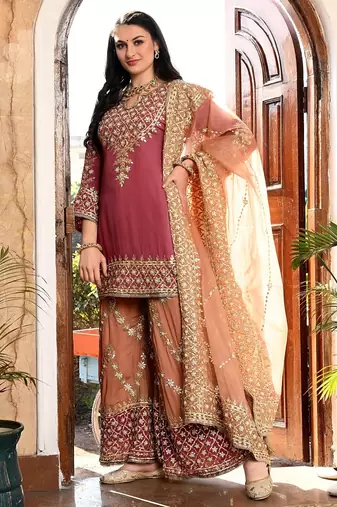Brown organza embroidered sharara set