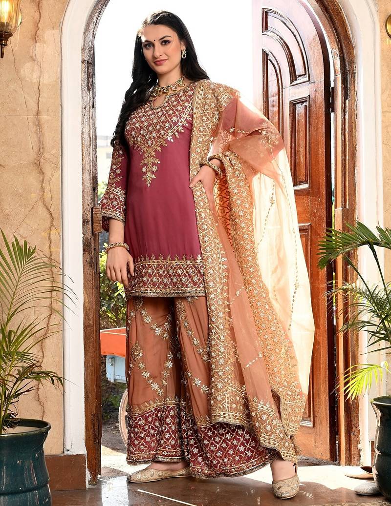 Brown organza embroidered sharara set