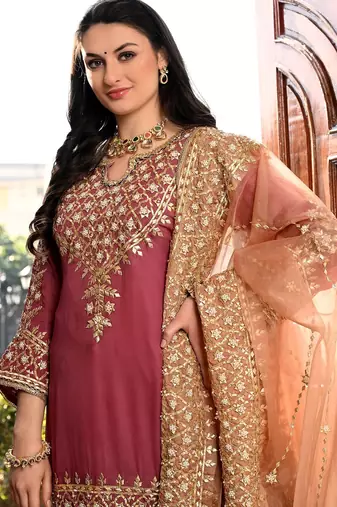 Brown organza embroidered sharara set