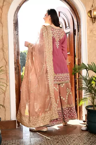 Brown organza embroidered sharara set