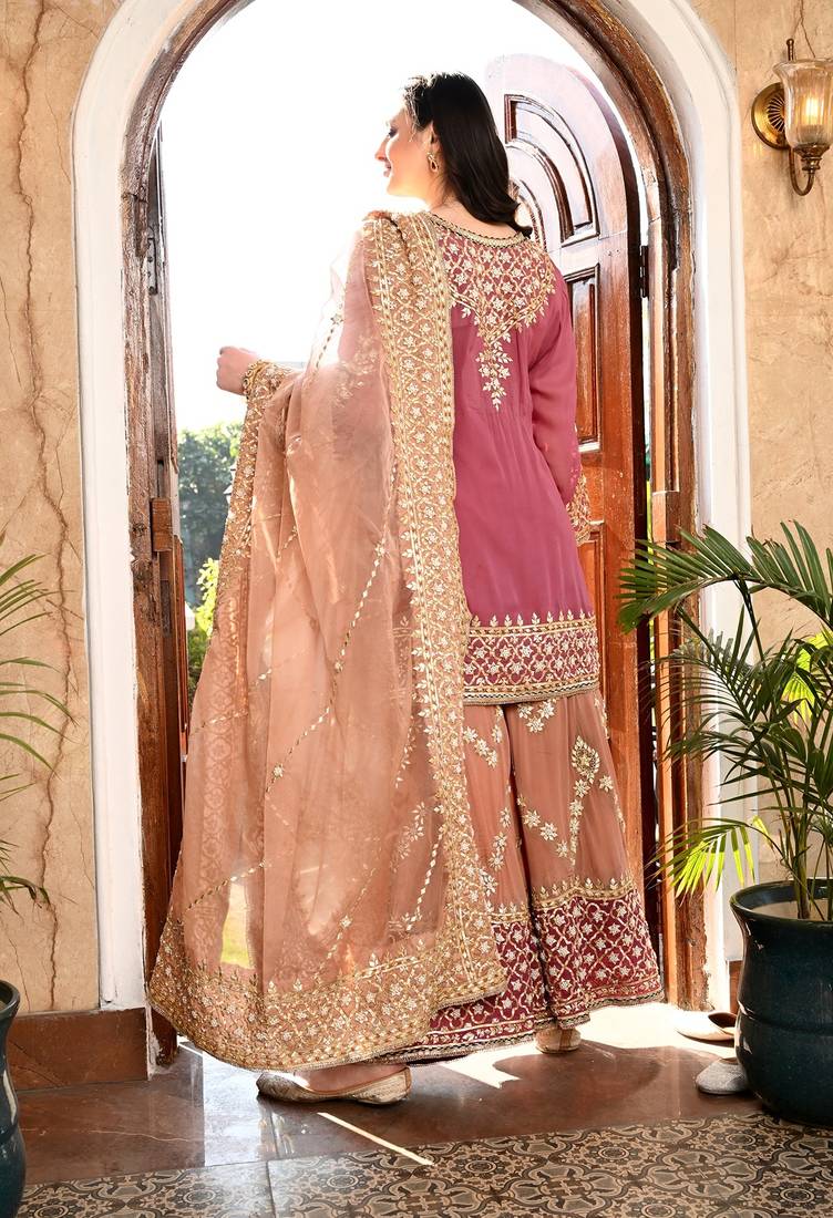 Brown organza embroidered sharara set