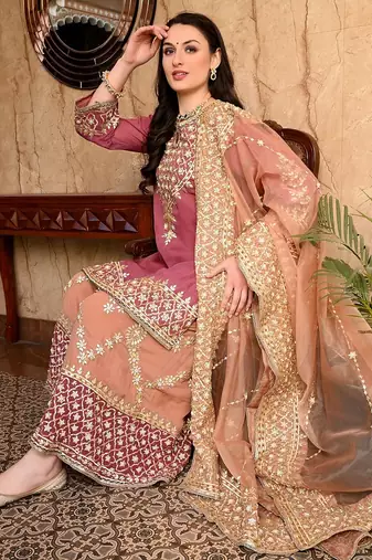 Brown organza embroidered sharara set