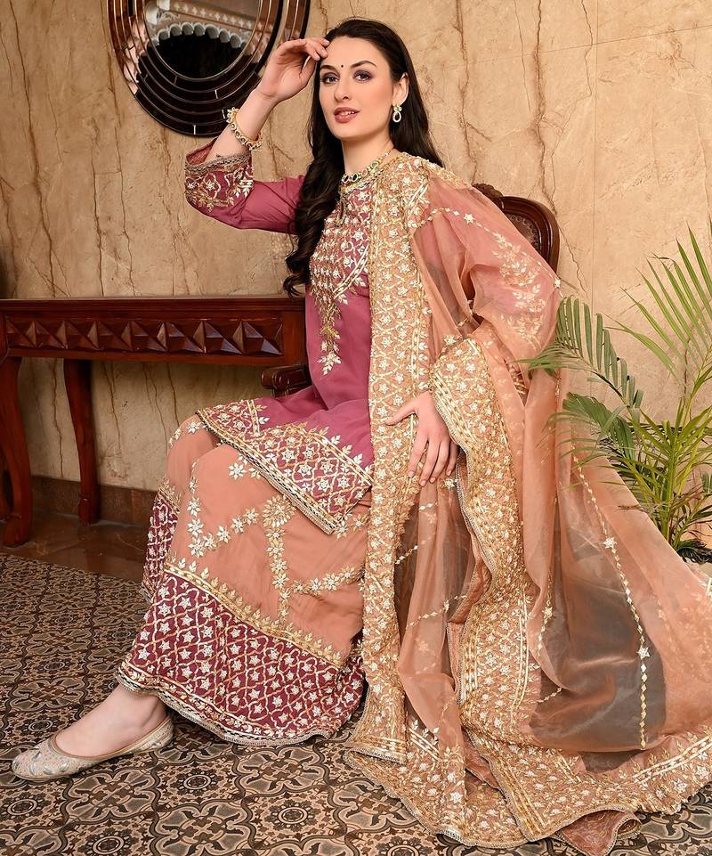 Brown organza embroidered sharara set