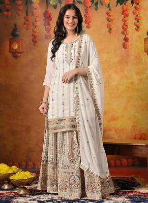 Golden chiffon embroidered lehenga set 1