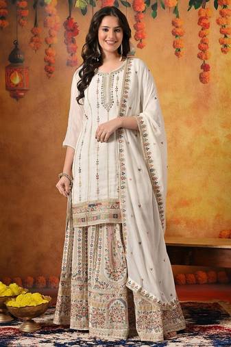 Golden chiffon embroidered lehenga set