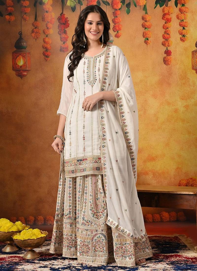 Golden chiffon embroidered lehenga set