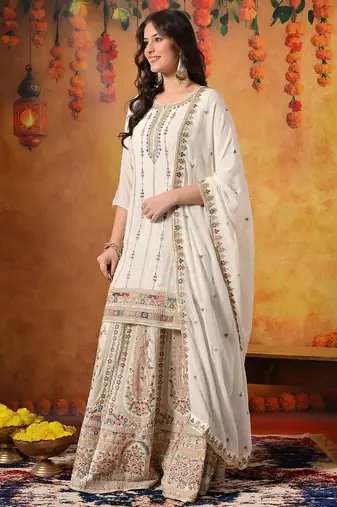 Golden chiffon embroidered lehenga set
