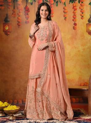 Peach chiffon embroidered sharara set 1
