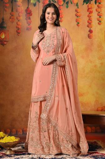 Peach chiffon embroidered sharara set