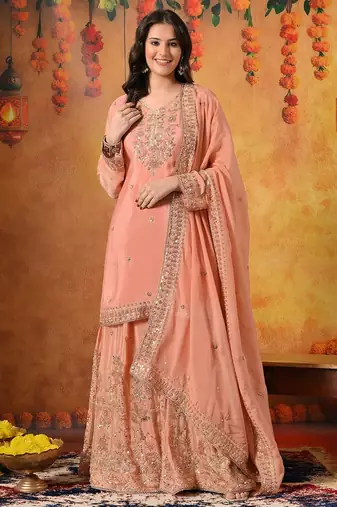 Peach chiffon embroidered sharara set