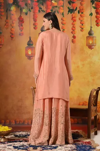 Peach chiffon embroidered sharara set